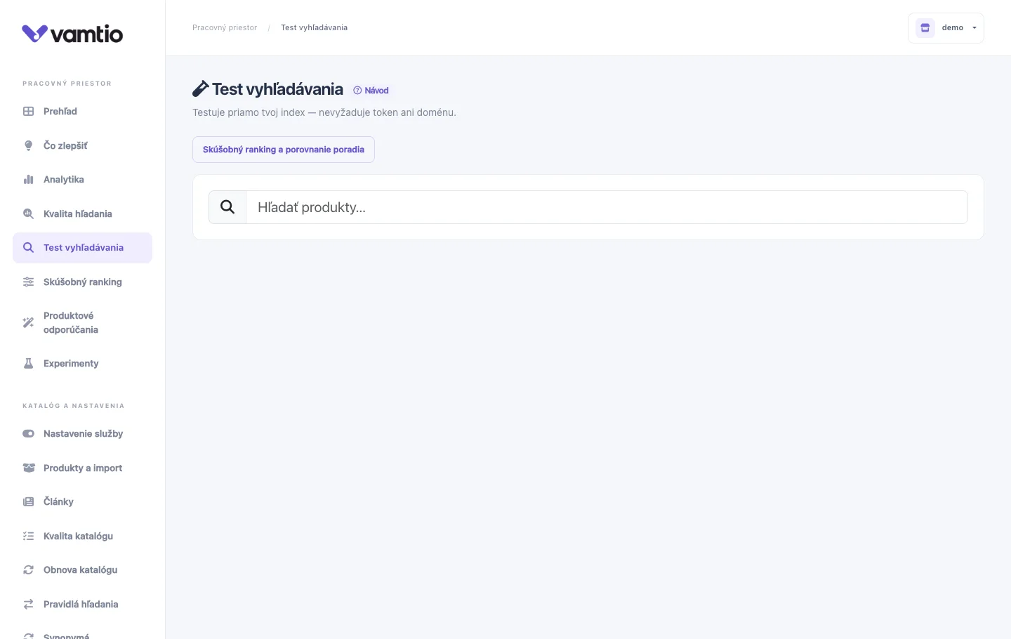 Test vyhľadávania Vamtio s rozpoznanými filtrami